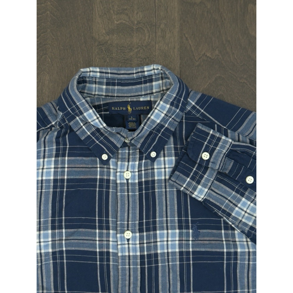 Ralph Lauren Boy Size L (16/18) Blue Flannel Plaid Button Down Long Sleeve Shirt